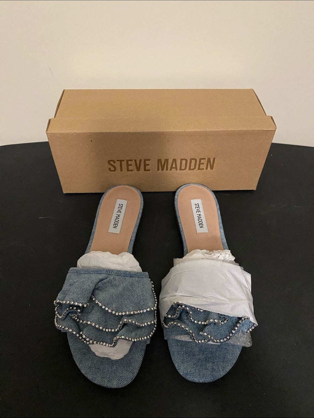 Steve Madden Denim Ruffle Slide Sandals with Stud Trim - Blue